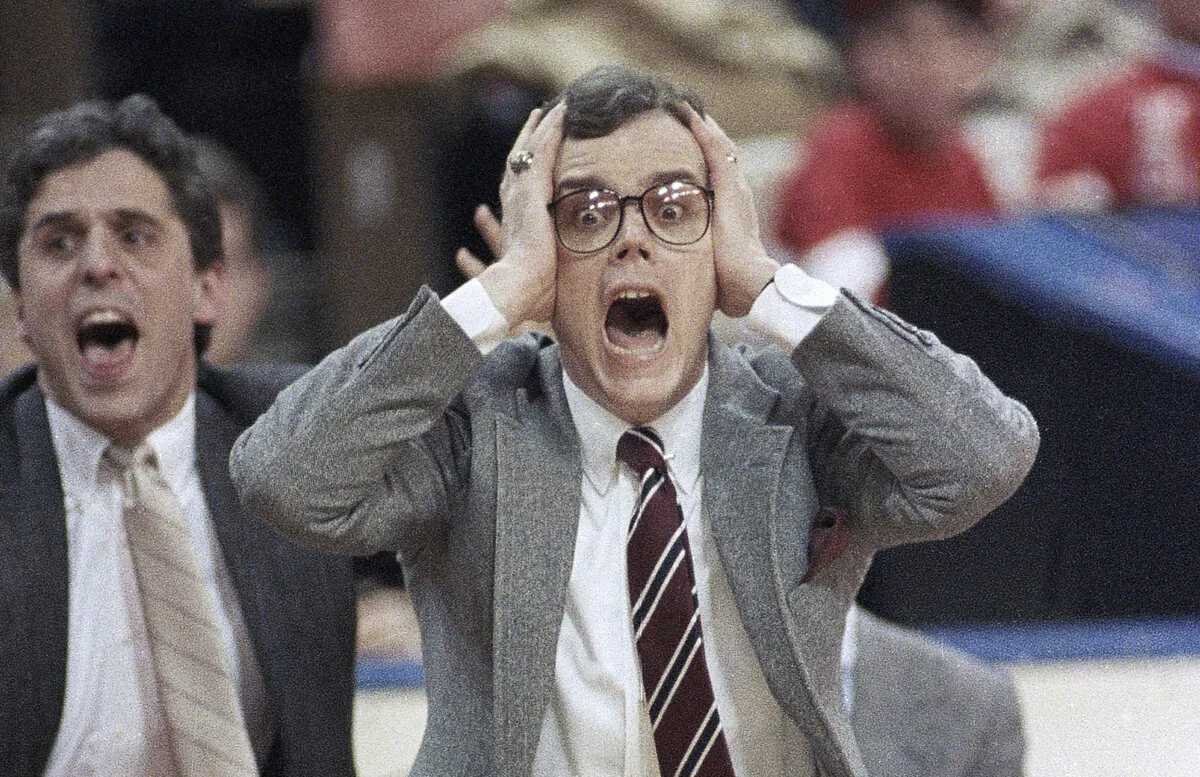 DePaul coach Joey Meyer reacts to his team's play against LSU in an NCAA men's college basketball tournament Midwest Regional semifinal in Cincinnati, on March 20, 1987. (Al Behrman/AP Photo)