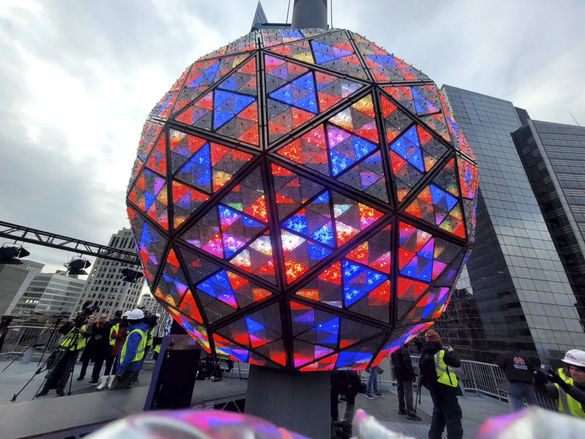 The New Year's Eve ball is shown in Times Square in New York on Dec. 30, 2023. (Julie Walker/AP Photo)