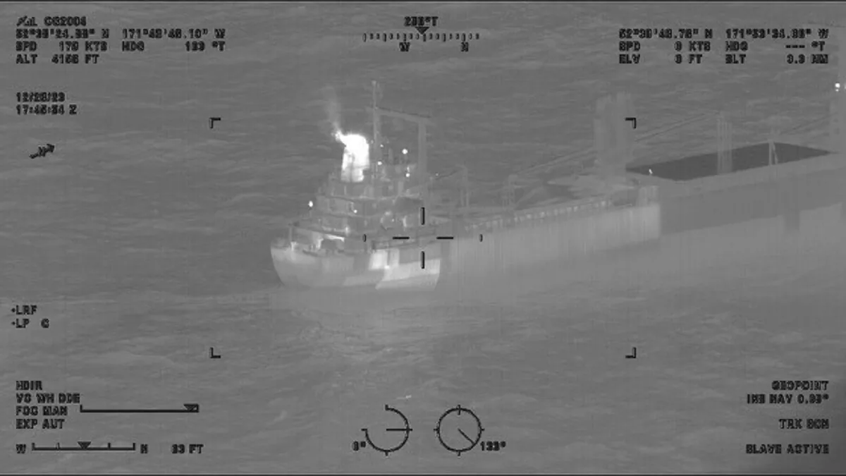 A reported fire aboard the 410-foot cargo vessel Genius Star XI, approximately 200 miles southwest of Dutch Harbor, Alaska, on Dec. 29, 2023. (Lt.Cmdr. Michael Salerno/U.S. Coast Guard via AP)