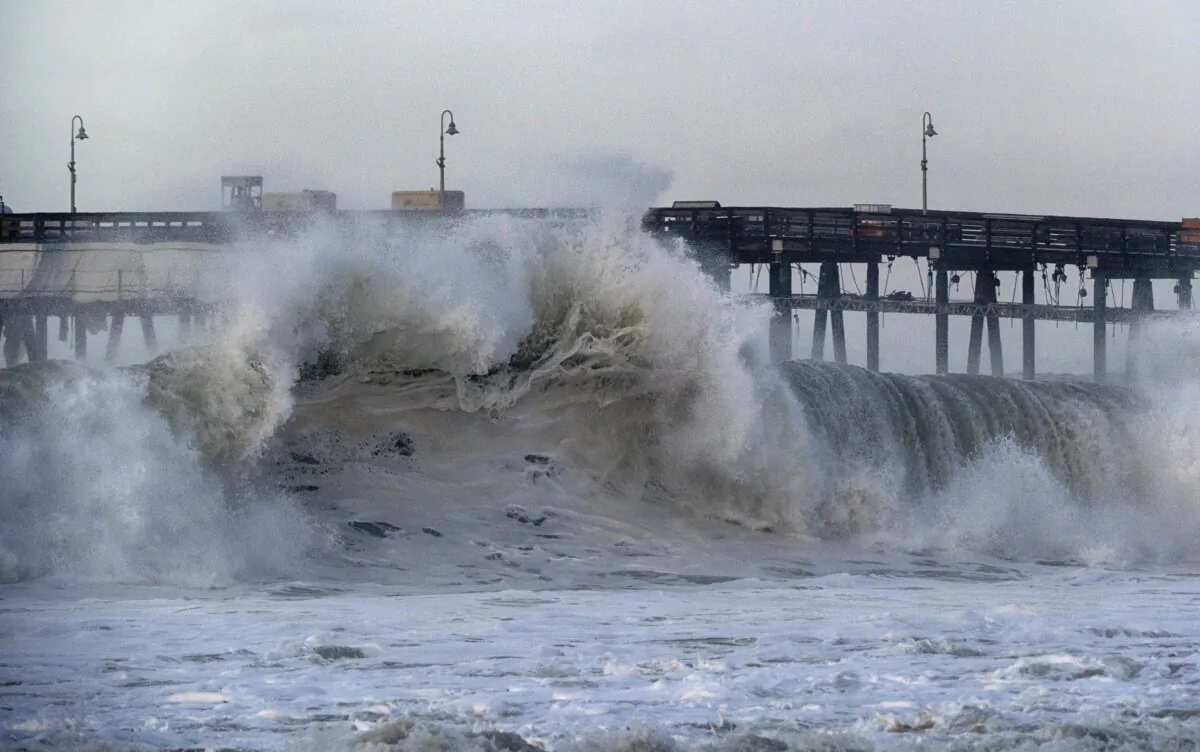 A very large wave breaks near the Ventura pier in Ventura, Calif., on Dec. 30, 2023. (Richard Vogel/AP Photo)