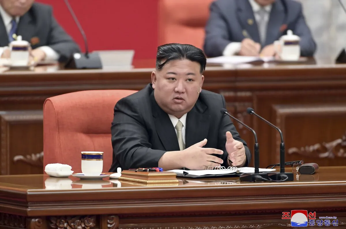 North Korean leader Kim Jong Un delivers a speech during a year-end plenary meeting of the ruling Workers’ Party, which was held in Pyongyang, North Korea, between Dec. 26, 2023 and Dec. 30, 2023. (Korean Central News Agency/Korea News Service via AP)