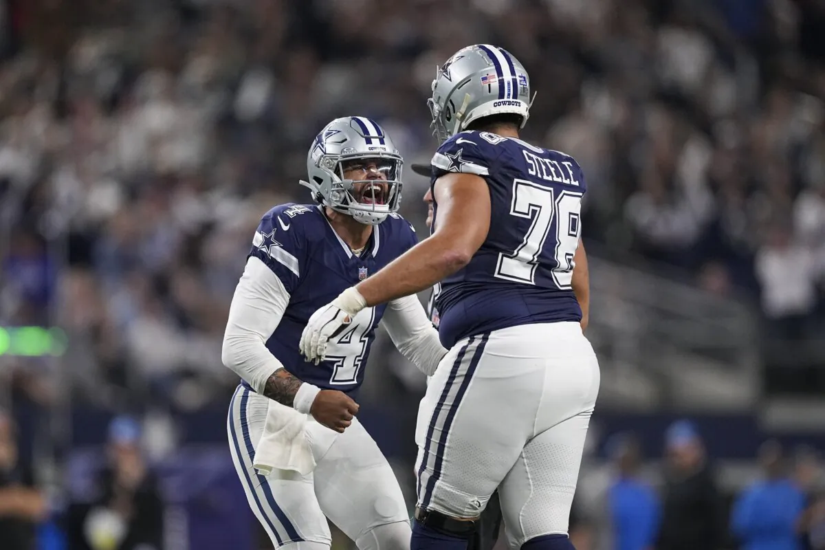 Dallas Cowboys quarterback Dak Prescott (4) reacts with offensive tackle Terence Steele (78) after throwing a touchdown pass against the Detroit Lions during the second half of an NFL football game in Arlington, Texas, on Dec. 30, 2023. (Sam Hodde/AP Photo)
