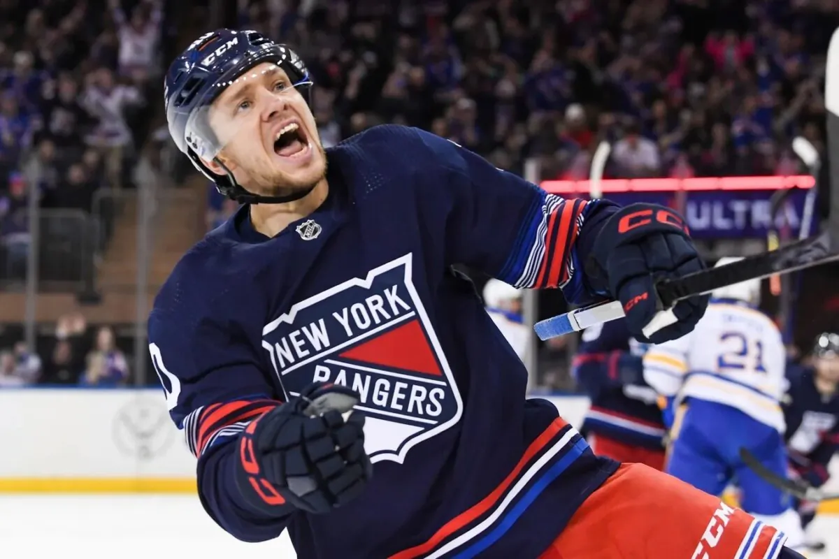 New York Rangers left wing Artemi Panarin (10) celebrates his goal against the Buffalo Sabres during the first period at Madison Square Garden in New York on Dec. 23, 2023. (Dennis Schneidler/USA TODAY Sports via Field Level Media)