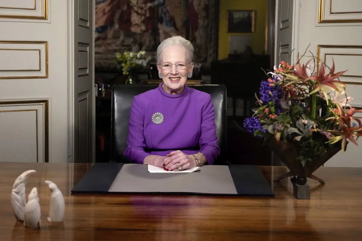 Queen Margrethe II gives a New Year's speech and announces her abdication from Christian IX's Palace, Amalienborg Castle, in Copenhagen on Dec. 31 2023. (Keld Navntoft/Ritzau Scanpix via AP)