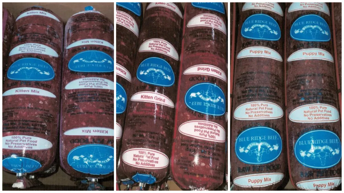 Recalled Blue Ridge Beef's Kitten Mix, Kitten Grind, and Puppy Mix products. (FDA)