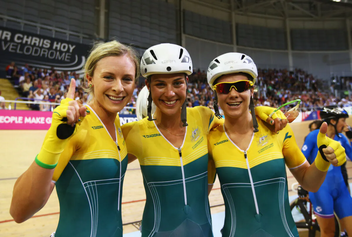 (L-R) Annette Edmondson, Melissa Hoskins and Amy Cure of Australia after the Womens 10km Scratch finals during the Glasgow 2014 Commonwealth Games in the United Kingdom on July 26, 2014. (Mark Kolbe/Getty Images)