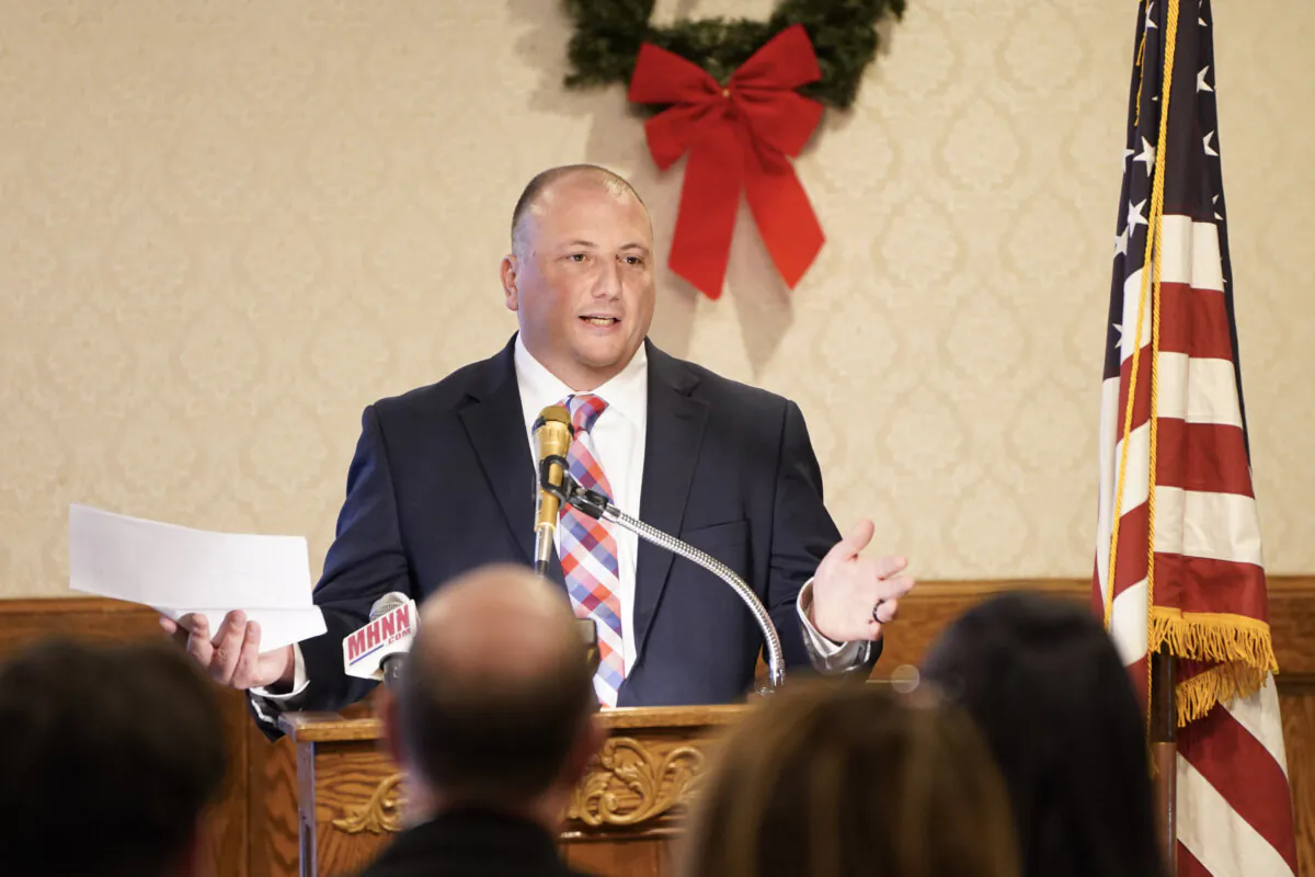 Dominic Cicalese delivers a speech after being sworn in as Port Jervis mayor, in Port Jervis, N.Y., on Jan. 1, 2024. (Cara Ding/The Epoch Times)