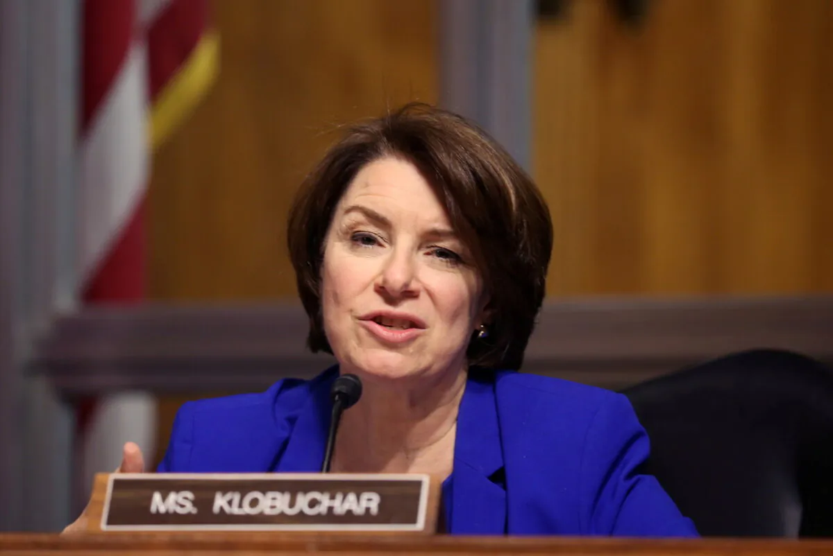 Sen. Amy Klobuchar (D-Minn.) asks questions during a hearing of the Senate Judiciary Subcommittee on Privacy, Technology, and the Law, at the U.S. Capitol in Washington on April 27, 2021. (Tasos Katopodis/Pool via Reuters)