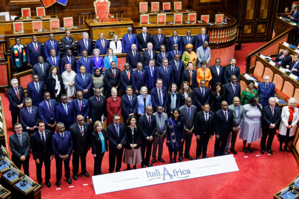 Italian Premier Giorgia Meloni, top center, poses with African leaders and dignitaries at the Senate for the start of an Italy - Africa summit, in Rome, Monday, Jan. 29, 2024. (Roberto Monaldo/LaPresse via AP)