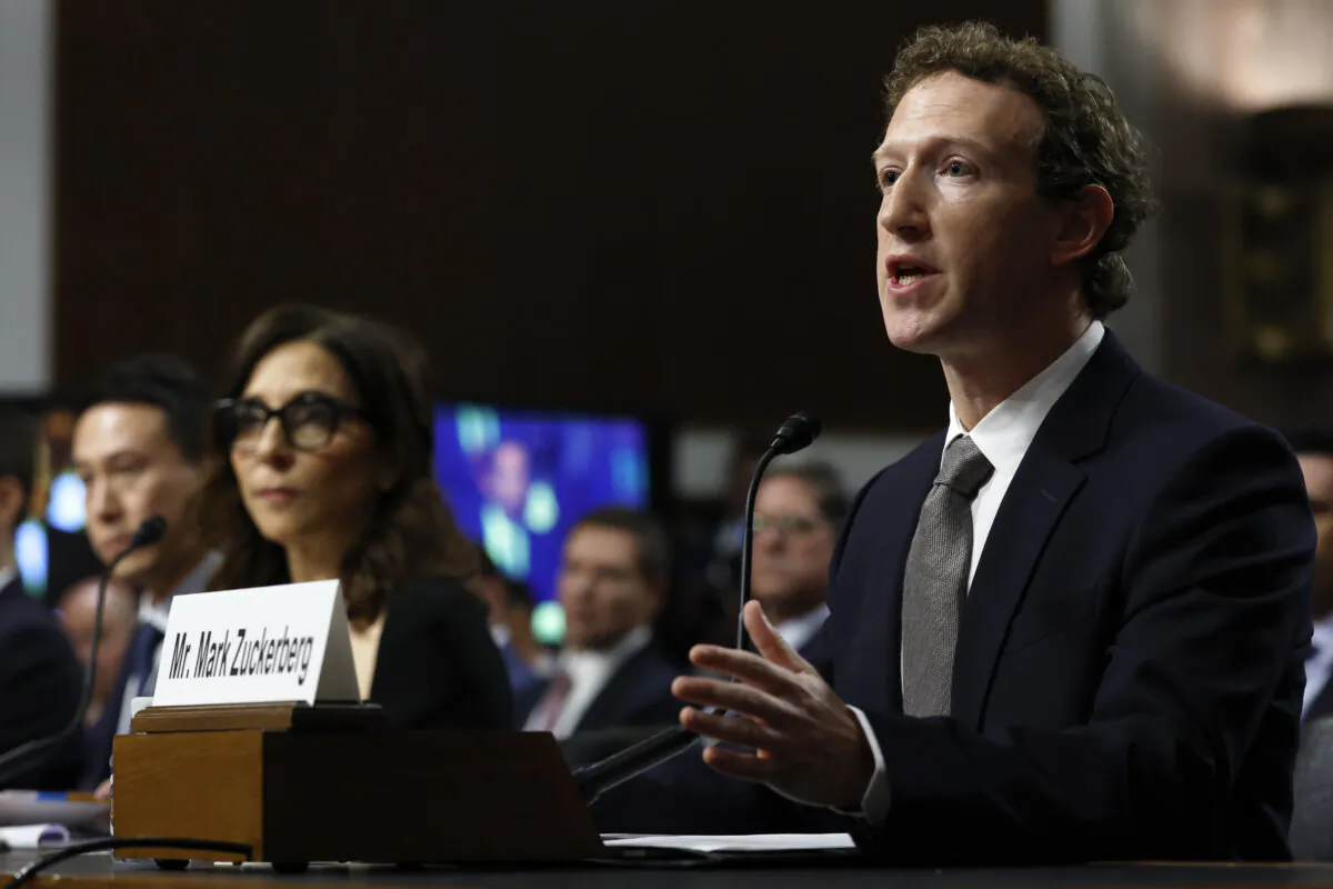 Mark Zuckerberg (R), CEO of Meta testifies before the Senate Judiciary Committee at the Dirksen Senate Office Building in Washington, D.C. on Jan. 31, 2024. (Anna Moneymaker/Getty Images)