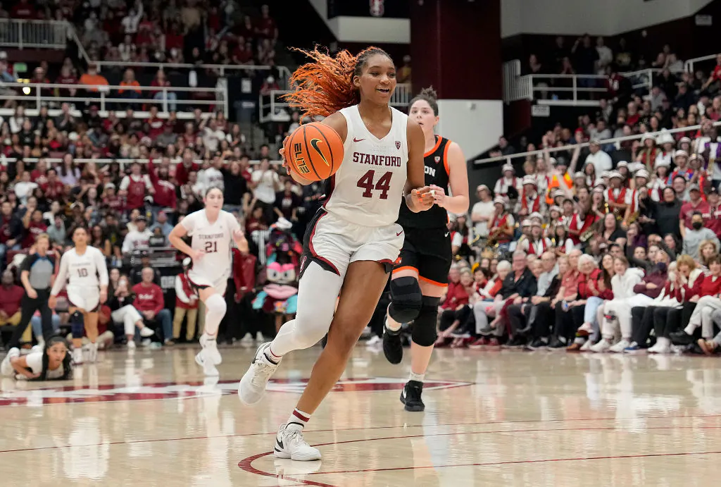 Kiki Iriafen (44) of the Stanford Cardinal drives to the basket on a fast break against the Oregon State Beavers during the second half of an NCAA women's basketball game at Stanford Maples Pavilion in Palo Alto, Calif., on Jan. 21, 2024. (Thearon W. Henderson/Getty Images)