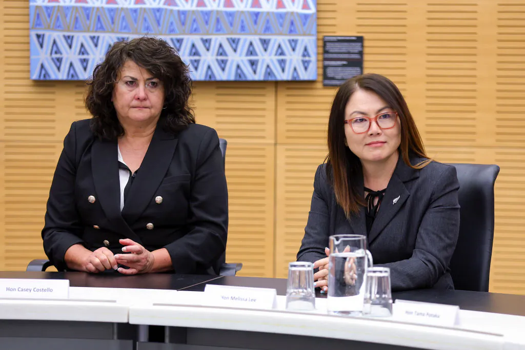 Ministers Casey Costello (L) and Melissa Lee look on during a cabinet meeting at Parliament in Wellington, New Zealand on Nov. 28, 2023. (Hagen Hopkins/Getty Images)