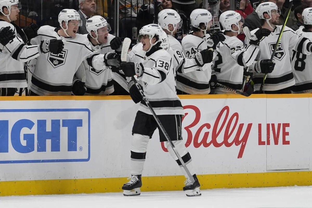 Los Angeles Kings center Alex Turcotte (38) celebrates a goal with teammates during the second period of an NHL hockey game against the Nashville Predatorsin Nashville on Jan. 31, 2024. (George Walker IV/AP Photo)