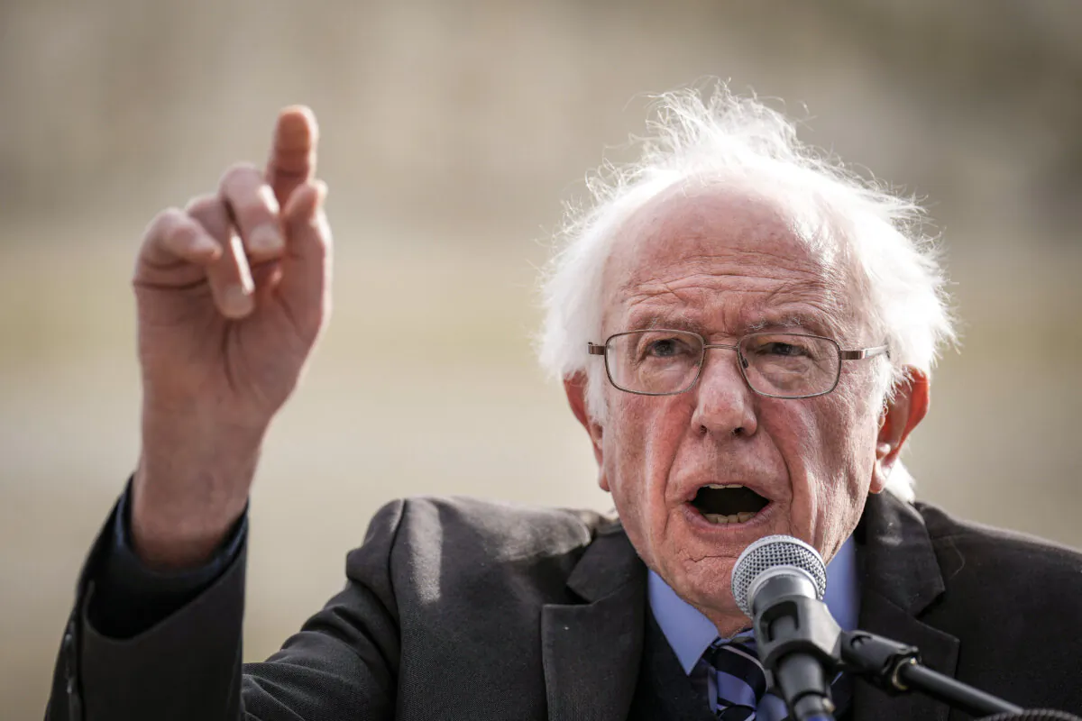 Sen. Bernie Sanders (I-Vt.) speaks during a rally in support of the Biden administration's student debt relief plan in front of the U.S. Supreme Court in Washington on Feb. 28, 2023. (Drew Angerer/Getty Images)