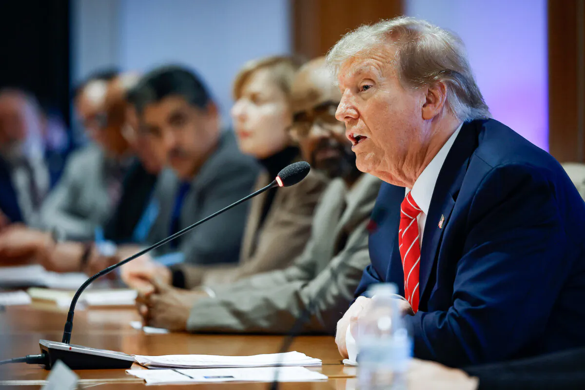Republican presidential candidate and former U.S. President Donald Trump meets with leaders and members of the International Brotherhood of Teamsters at their headquarters in Washington on Jan. 31, 2024. (Chip Somodevilla/Getty Images)