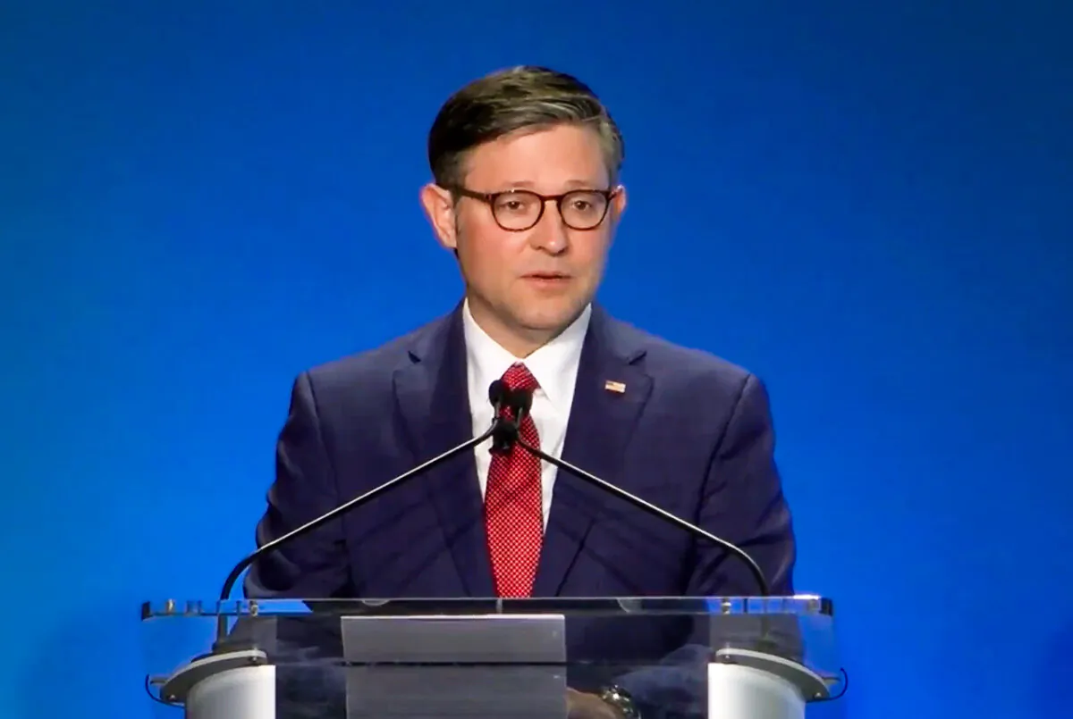 House Speaker Mike Johnson (R-La.) speaks at the International Religious Freedom Summit 2024 in Washington on Jan. 31, 2024, in a still from video. (Courtesy of IRF Summit 2024/Screenshot via NTD)