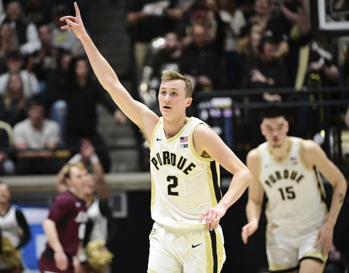Purdue guard Fletcher Loyer (2) celebrates a 3-pointer during the first half of the team's NCAA college basketball game against Eastern Kentucky in West Lafayette, Ind., on Dec. 29, 2023. (Marc Lebryk/AP Photo)