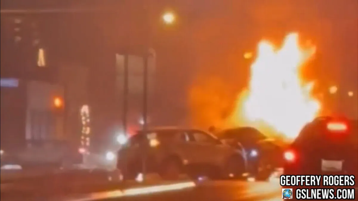 Two vehicles collide and plow into a crowd in a fiery crash in Rochester, N.Y., on Jan. 1, 2024. (Courtesy of Geoffery Rogers/GSL News)