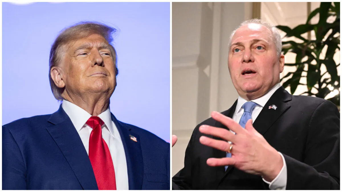 (Left) Republican presidential candidate, former President Donald Trump arrives at a campaign event at the Whittemore Center Arena in Durham, N.H., on Dec. 16, 2023. (Scott Eisen/Getty Images); (Right) House Majority Leader Steve Scalise, Republican of Louisiana, speaks to the press after a House Republicans caucus meeting at the U.S. Capitol in Washington on Oct. 11, 2023. (Saul Loeb/AFP via Getty Images)