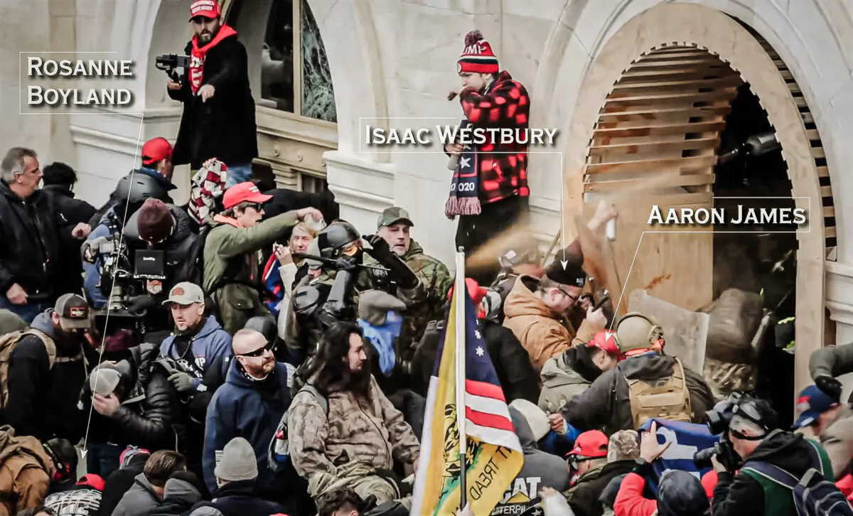 Overhead video shows Isaac Westbury and his brother Aaron James holding shields as police spray pepper gel toward where Rosanne Boyland was receiving CPR on U.S. Capitol grounds in Washington on Jan. 6, 2021. (Christopher Chern via Storyful/Graphic by The Epoch Times)