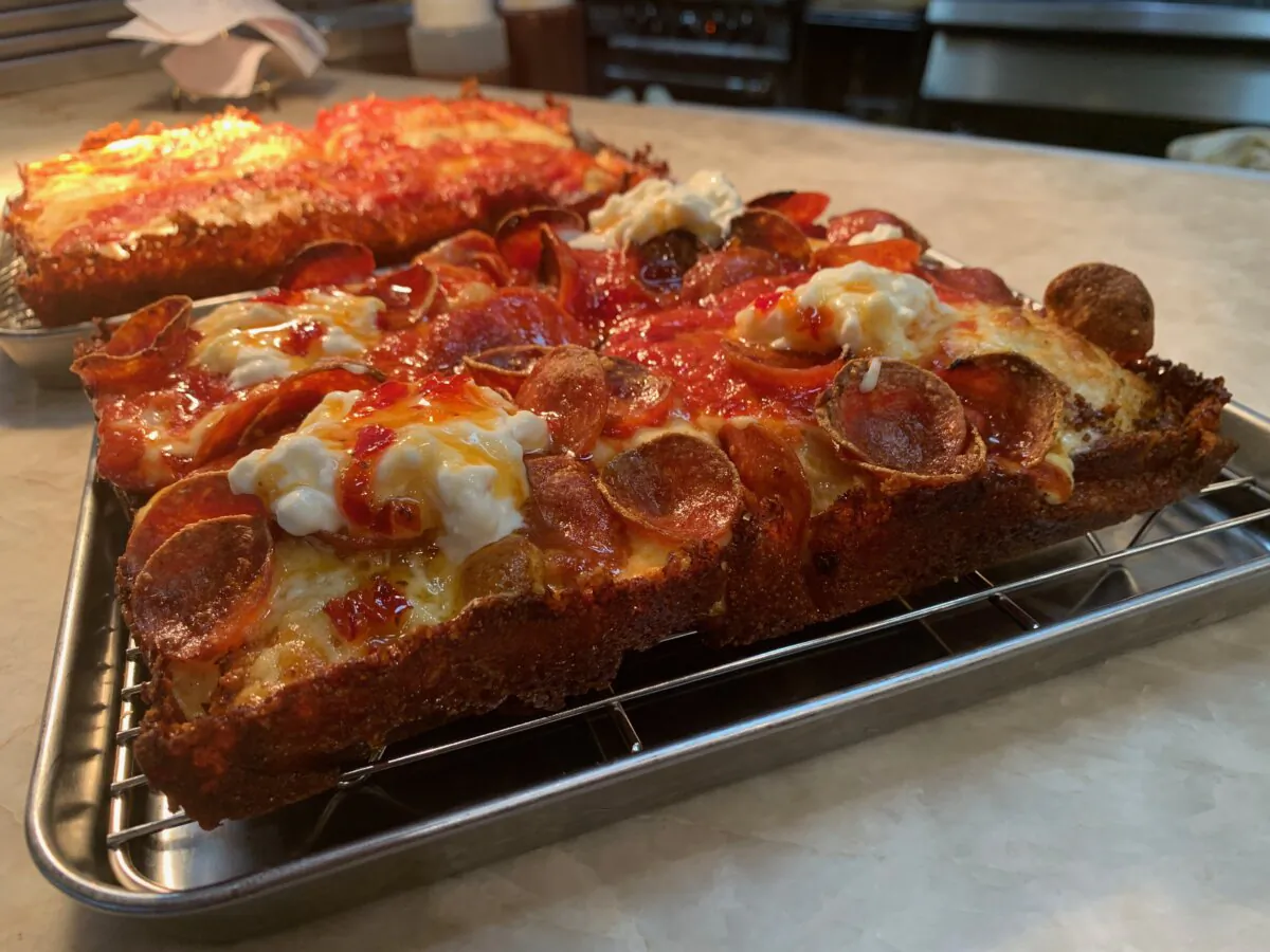 The “Luca” square pizza at Melo’s Italian Table in Walnut Creek, Calif., on Nov. 11, 2023. (Helen Billings/The Epoch Times)