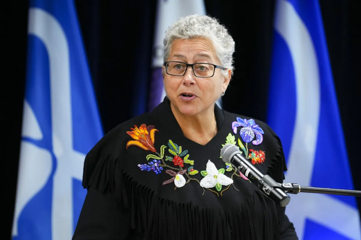 Métis Nation of Ontario President Margaret Froh takes part in a press conference following a Métis National Council meeting in Ottawa on June 1, 2023. (The Canadian Press/Sean Kilpatrick)