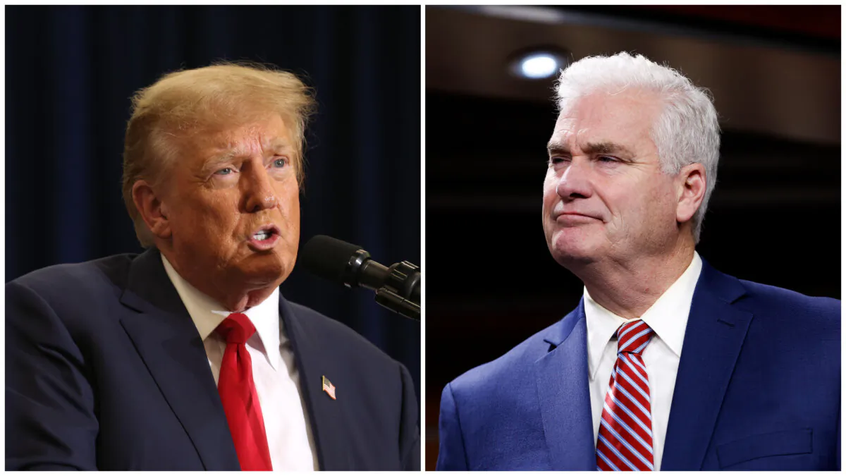 (Left) Republican presidential candidate and former President Donald Trump speaks to guests at a campaign event in Waterloo, Iowa, on Dec. 19, 2023. (Scott Olson/Getty Images); (Right) House Majority Whip Rep. Tom Emmer (R-Minn.) at a press conference following a House Republican caucus meeting at the U.S. Capitol in Washington on Sept. 27, 2023. (Anna Moneymaker/Getty Images)