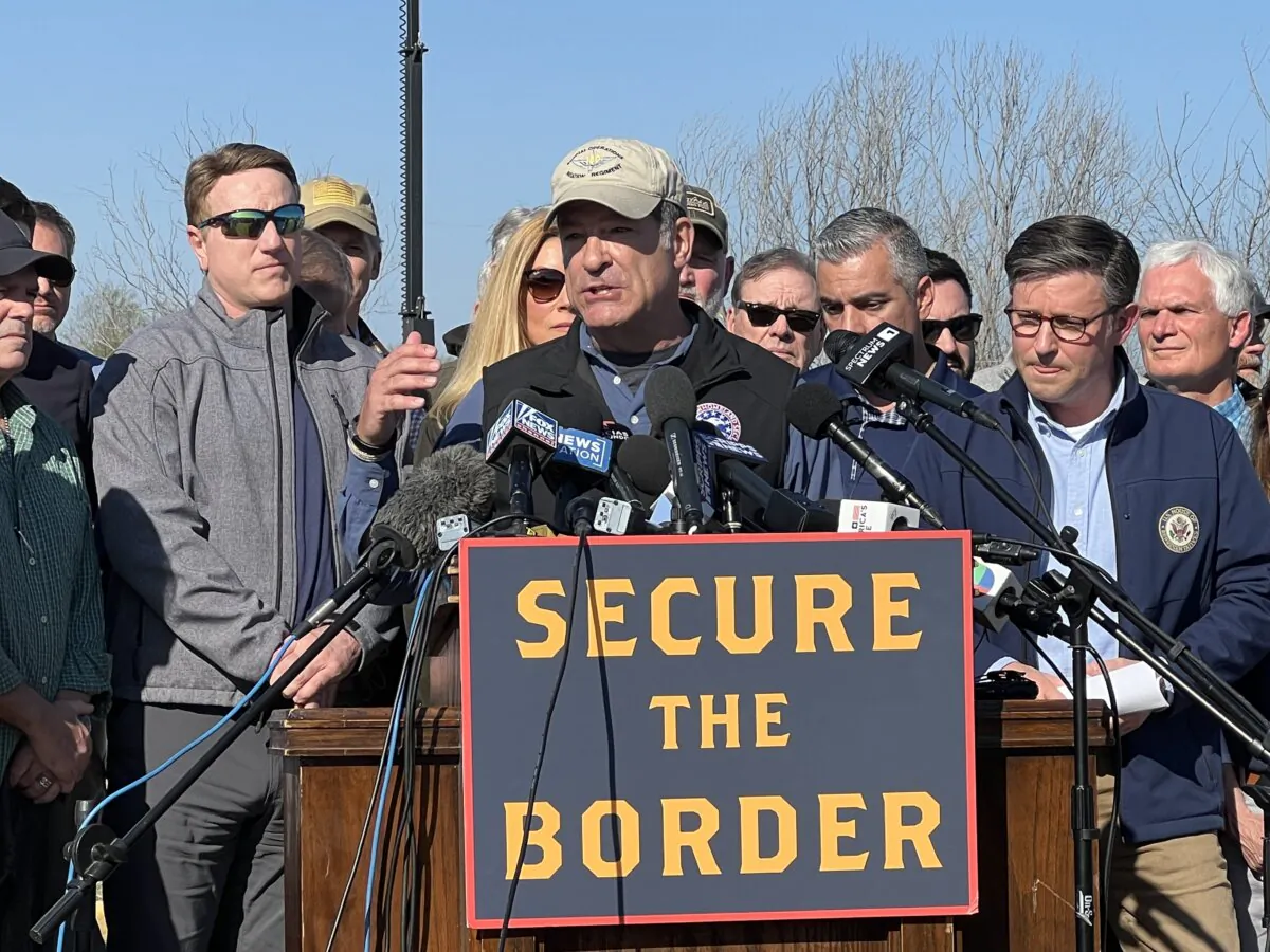 Rep. Mark Green speaks alongside Republican members of Congress in Eagle Pass, Texas, on Jan. 3, 2024. (Charlotte Cuthbertson/The Epoch Times)