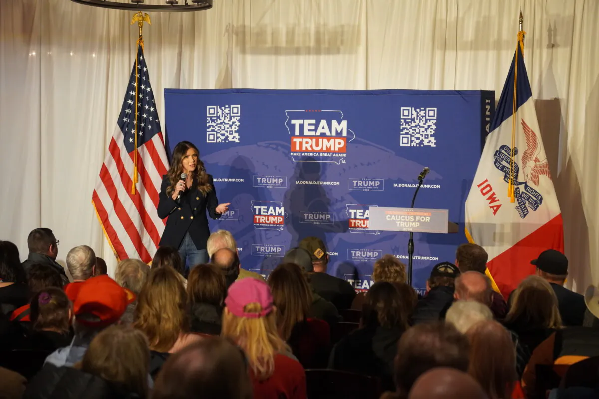South Dakota's Republican governor, Kristi Noem, speaks at a Trump event in Sioux City, Iowa, on Jan. 3, 2024. With the caucus less than two weeks away, speculation has mounted over Ms. Noem's vice presidential potential. (Nathan Worcester/The Epoch Times)