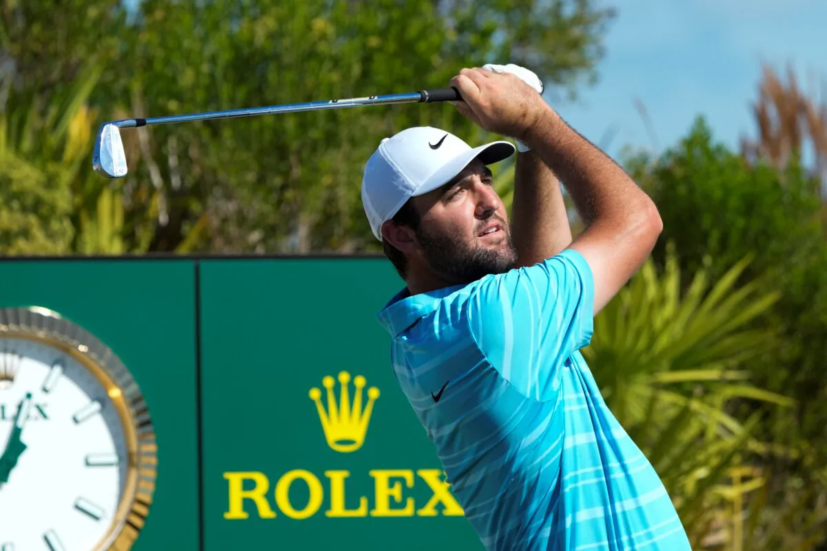 Scottie Scheffler, of the United States, watches his shot from the second tee during the final round of the Hero World Challenge PGA Tour at the Albany Golf Club, in New Providence, Bahamas, on Dec. 3, 2023. (Fernando Llano/AP Photo)
