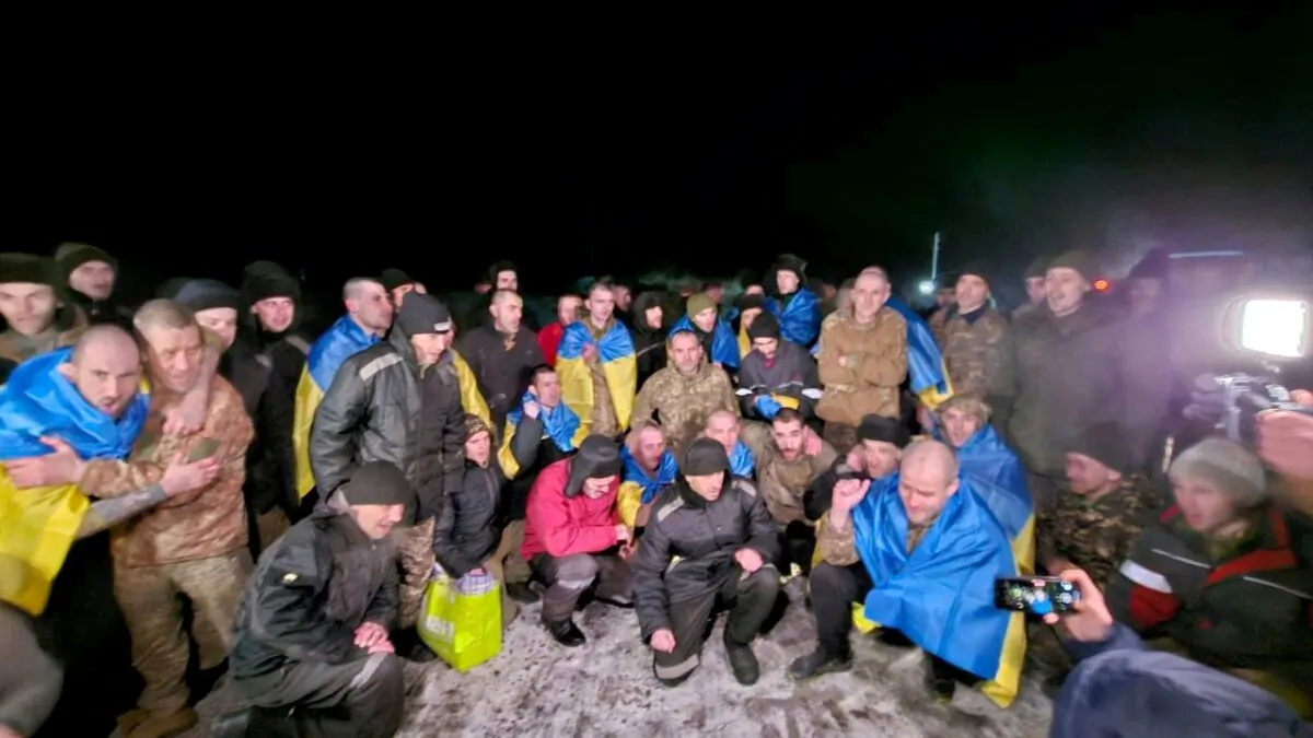 Ukrainian prisoners of war (POWs) pose after a swap at an unknown location in Ukraine, on Jan. 3, 2024. (Head of Ukraine's Presidential Office Andriy Yermak via Telegram/Handout via Reuters)