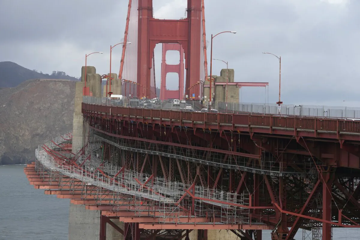 A suicide deterrent net is seen under construction on the Golden Gate Bridge in San Francisco on Dec. 6, 2023. (Eric Risberg/AP Photo)