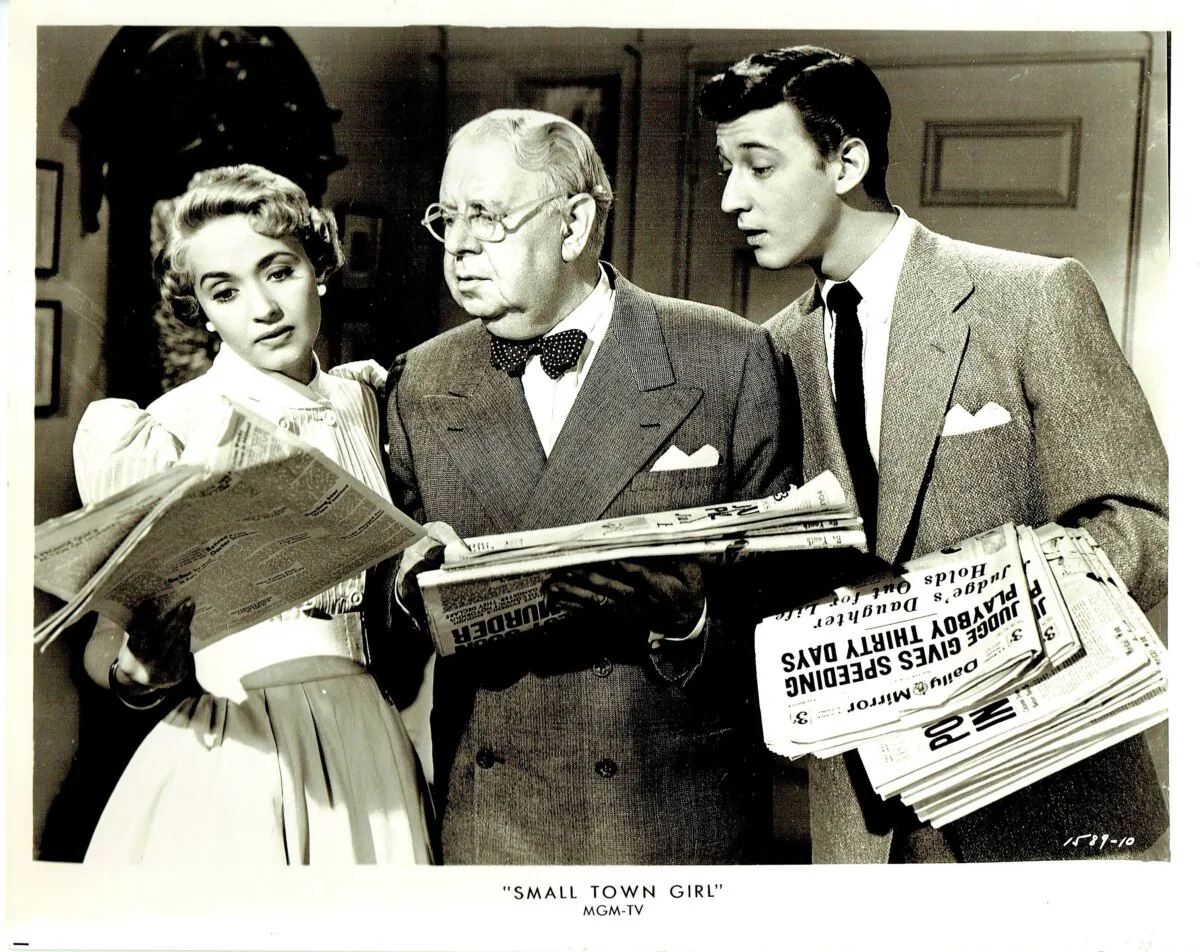 (L–R) Cindy Kendall (Jane Powell), local storekeeper Eric Schlemmer (S. Z. Sakall), and Ludwig Schlemmer (Bobby Van), in “Small Town Girl.” (Metro-Goldwyn-Mayer)