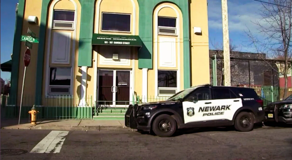 A Newark Police vehicle is parked outside the Masjid-Muhammad-Newark Mosque in Newark, N.J., on Jan. 3, 2024. (WABC via AP)
