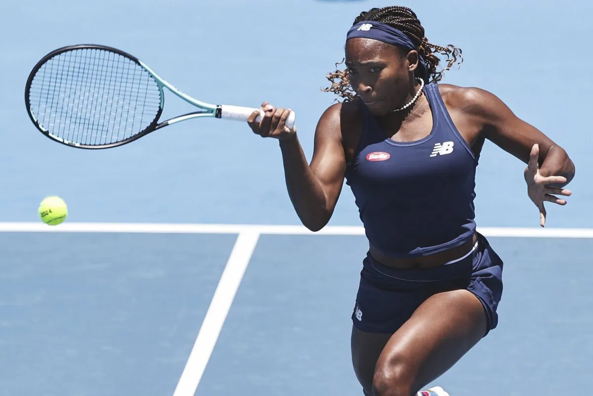 Coco Gauff of United States plays a forehand return to Brenda Fruhvirtova of Czech Republic at the ASB Tennis Classic in Auckland, New Zealand, on Jan. 4, 2024. (David Rowland/Photosport via AP)