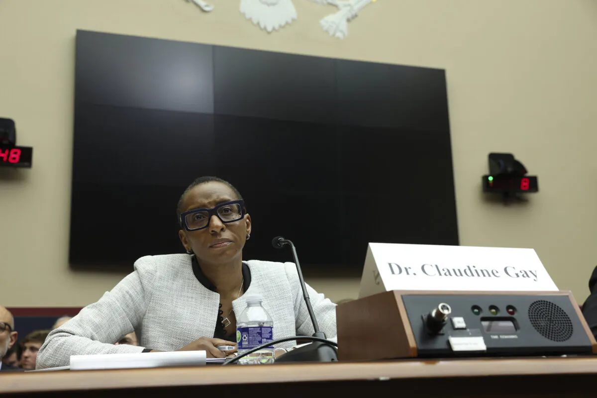 Harvard University President Claudine Gay testifies before the House Education and Workforce Committee at the Rayburn House Office Building in Washington, D.C., on Dec. 5, 2023. Gay resigned Tuesday, Jan. 2, 2024, amid plagiarism accusations and criticism over testimony at a congressional hearing where she was unable to say unequivocally that calls on campus for the genocide of Jews would violate the school’s conduct policy. (Kevin Dietsch/Getty Images)