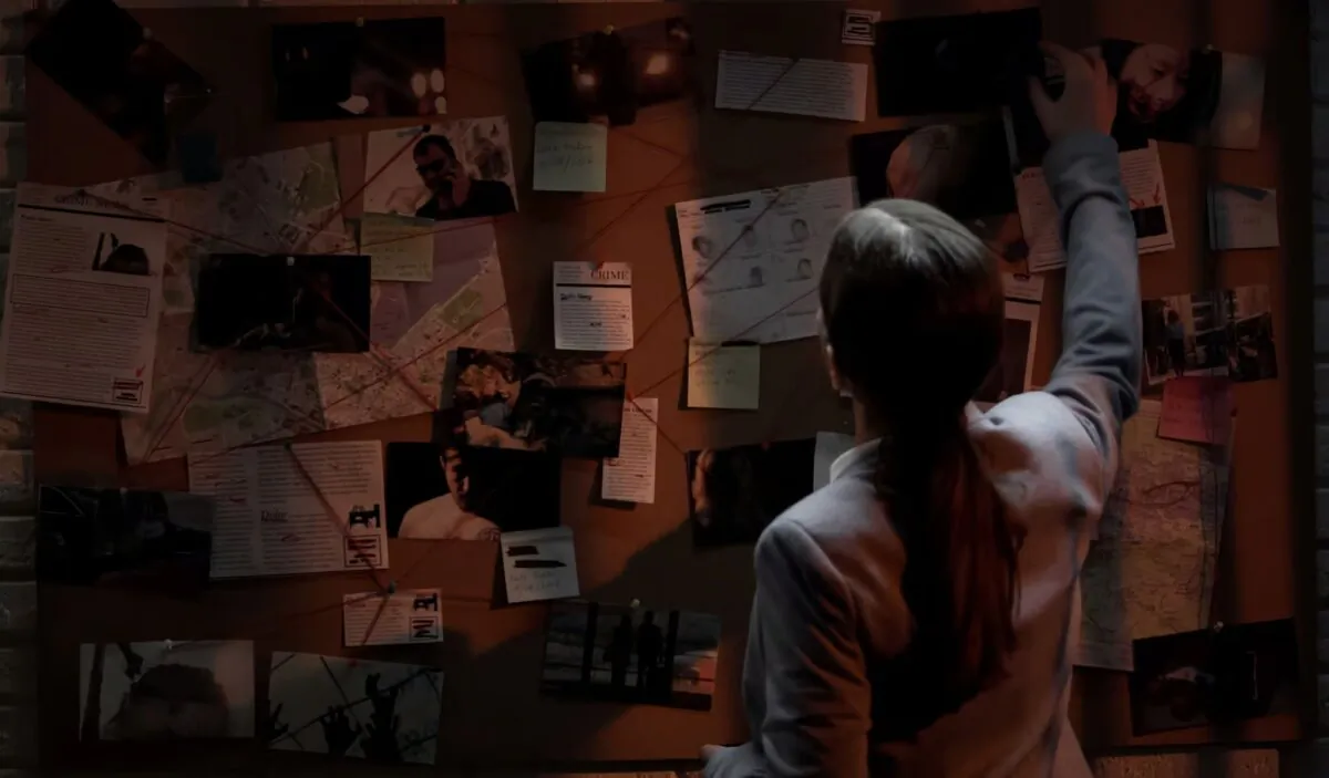 Smart detective looking attentively at investigation board, evaluating clues. (Motortion Films/Shutterstock)