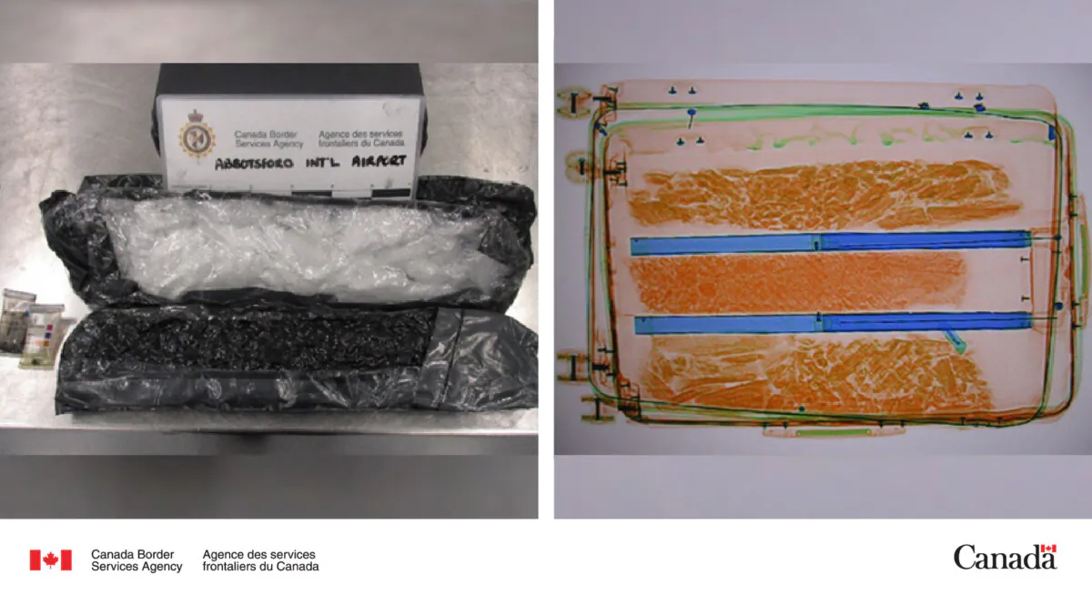 Cocaine and methamphetamine, hidden in a suitcase, seized at Abbotsford International Airport in B.C. on March 29, 2023. (CBSA handout)