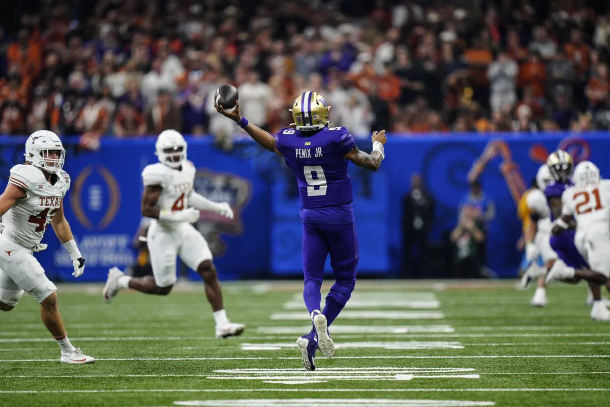 Washington quarterback Michael Penix Jr. (9) pases the ball against Texas during the first half of the Sugar Bowl CFP NCAA semifinal college football game in New Orleans on Jan. 1, 2024. (Jacob Kupferman/AP Photo)