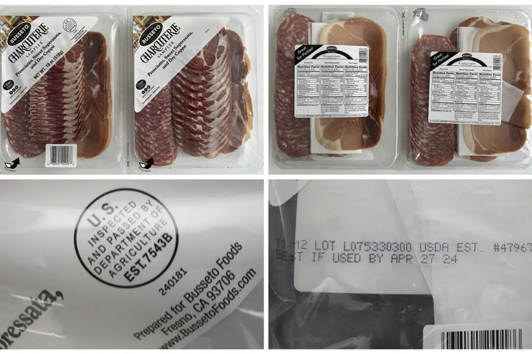 Different views of a Bussetto charcuterie sampler with prosciutto, sweet soppressata, and dry copa in a combination of photos provided on Jan. 5, 2024. (CDC via AP)