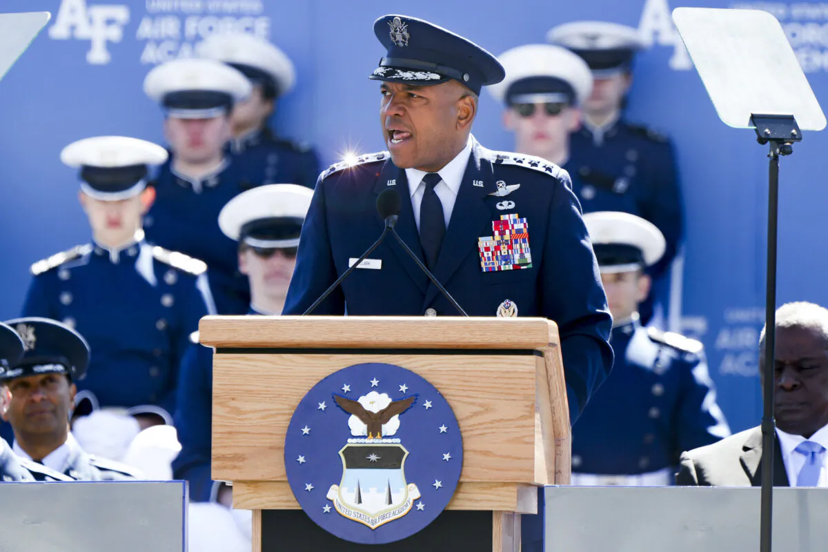 Air Force Academy superintendent Lt. Gen. Richard Clark delivers an address to cadets during their graduation ceremony at Falcon Stadium in Colorado Springs, Colo., on May 25, 2022. (Michael Ciaglo/Getty Images)