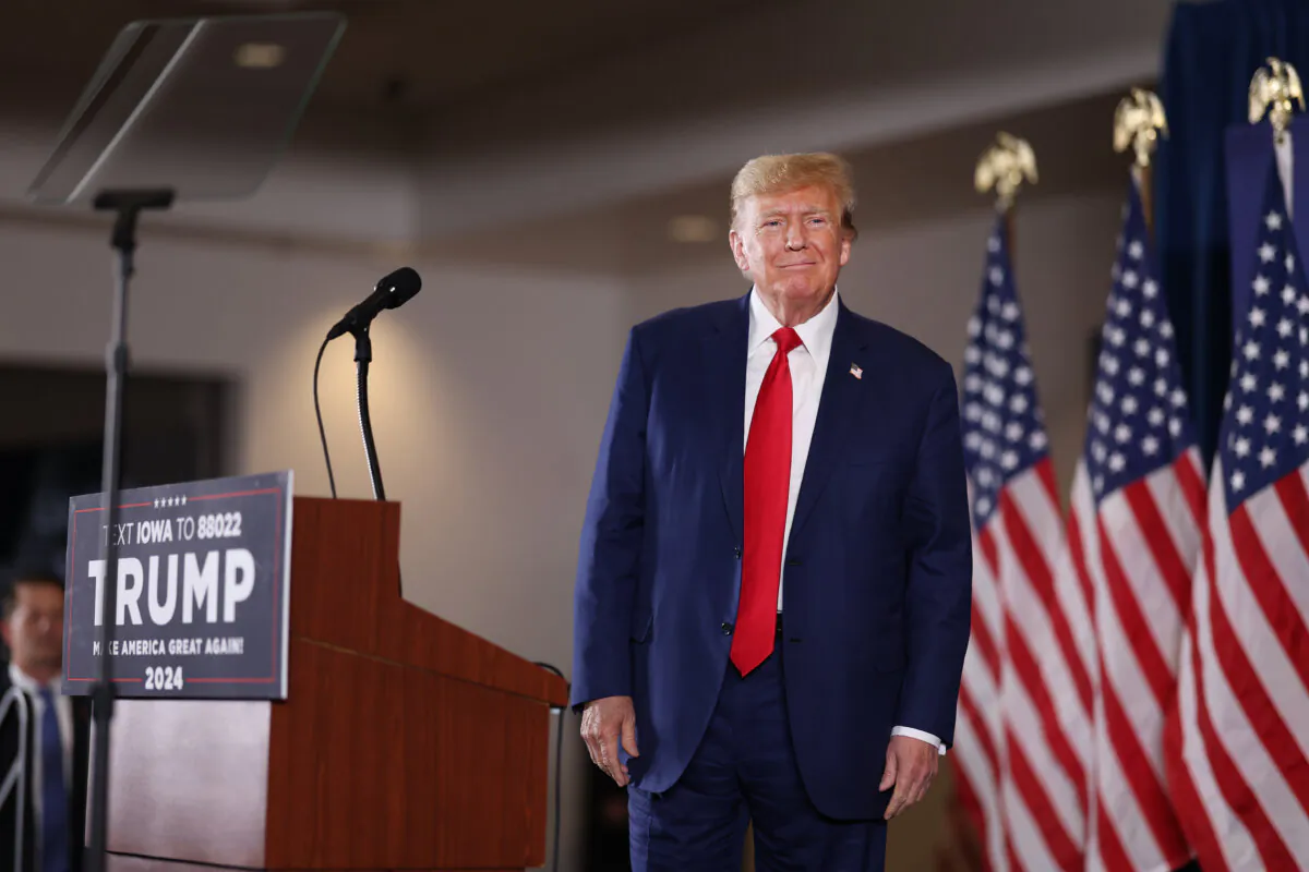 Republican presidential candidate former President Donald Trump arrives for a rally in Sioux Center, Iowa, on Jan. 5, 2024. (Scott Olson/Getty Images)