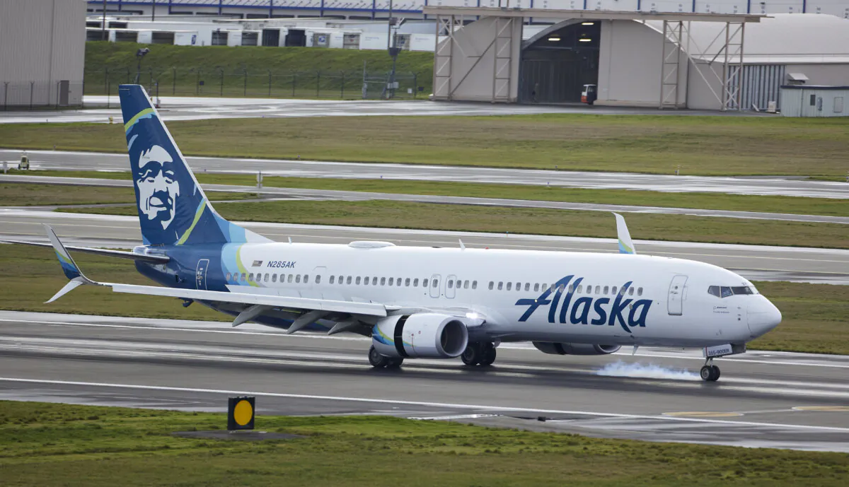 Alaska Airlines flight 337 from Fort Lauderdale, Fla. a Boeing 737-900, lands at Portland International Airport in Portland, Ore., on Jan. 6, 2024. (Craig Mitchelldyer/AP Photo)