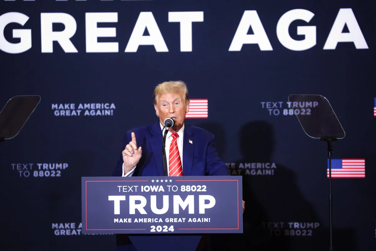 Republican presidential candidate former President Donald Trump speaks at a rally at Clinton Middle School in Clinton, Iowa, on Jan. 6, 2024. (Scott Olson/Getty Images)