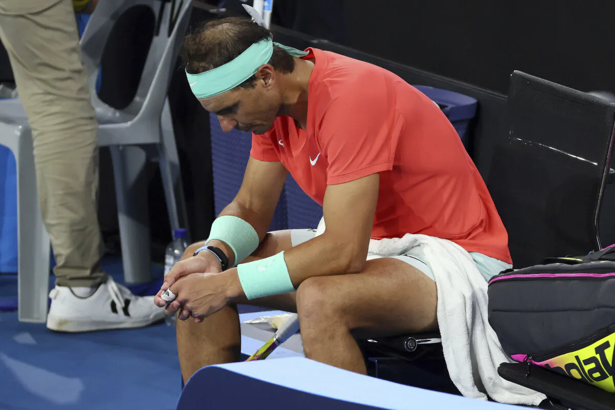 Rafael Nadal of Spain looks dejected between games in his quarterfinal match against Jordan Thompson of Australia during the Brisbane International tennis tournament in Brisbane, Australia, on Jan. 5, 2024. (Tertius Pickard/AP Photo)