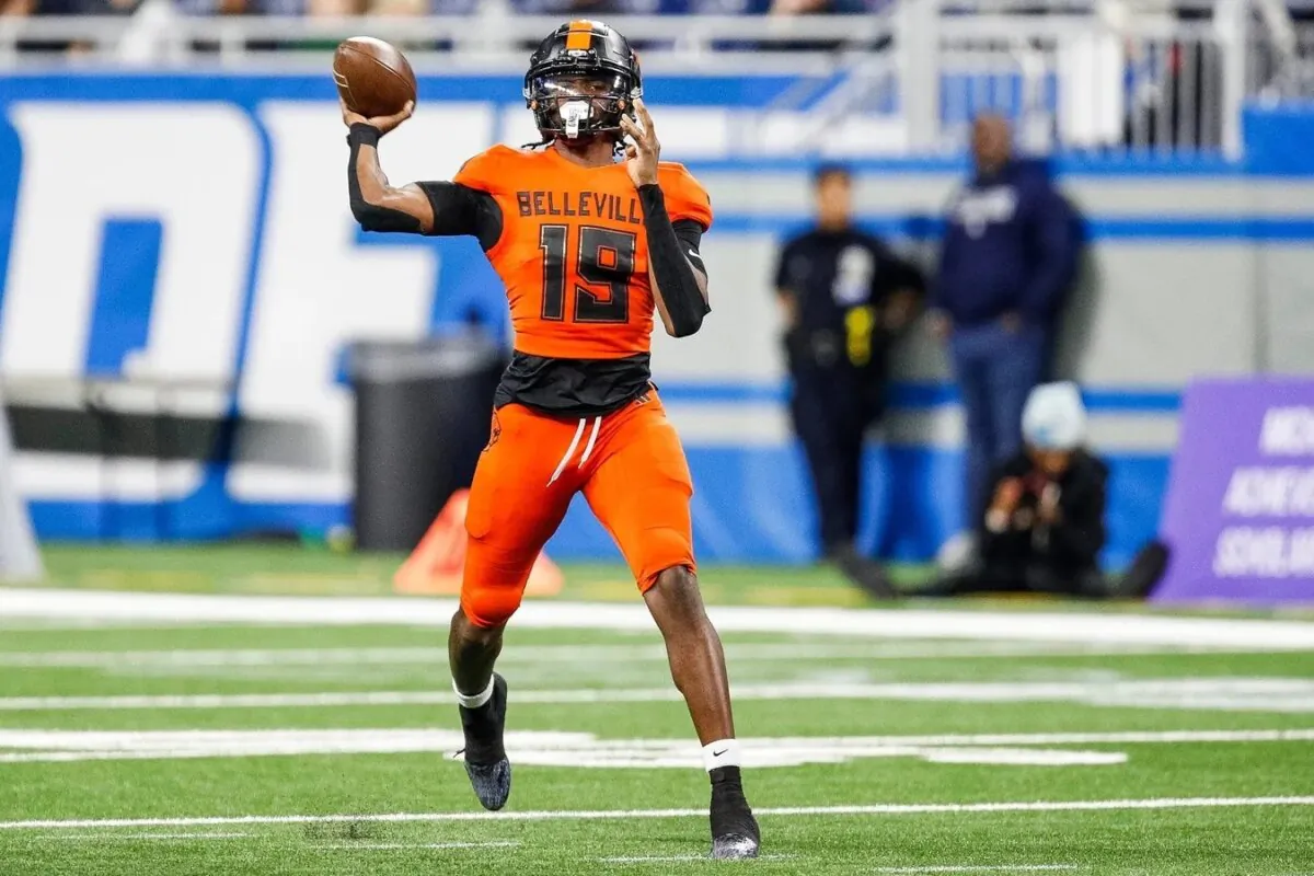 Belleville quarterback Bryce Underwood makes a pass against Southfield A&T during the first half of the Division 1 state final at Ford Field in Detroit on Nov. 26, 2023. (Junfu Han/USA TODAY NETWORK via Field Level Media)