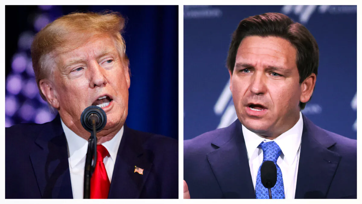 Former President Donald Trump (left) addresses the crowd during a 2024 election campaign event in Columbia, S.C., on Jan. 28, 2023; Florida Gov. Ron DeSantis (right) speaks to guests at the Republican Jewish Coalition Annual Leadership Meeting in Las Vegas on Nov. 19, 2022. (Logan Cyrus, Scott Olson/Getty Images)