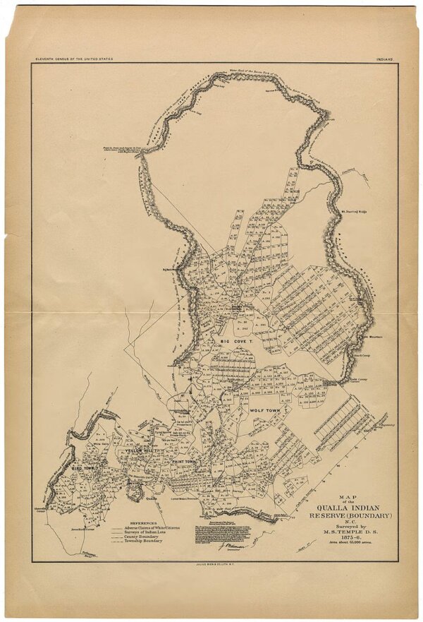 This map of the Qualla Boundary of the reservation for the Eastern Band of the Cherokee Indians was designed by Will Thomas. (Public Domain)