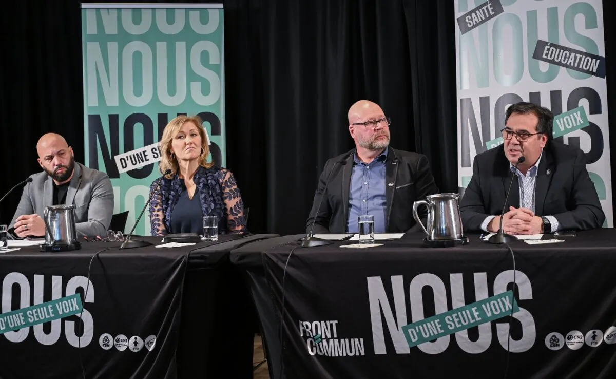 (L–R) Leaders of Quebec’s “common front” public sector union CSQ president Eric Gingras, FTQ president Magali Picard, APTS president Robert Comeau, and CSN vice-president Francois Enault speak at a news conference in Montreal on Jan. 7, 2024. (The Canadian Press/Graham Hughes)