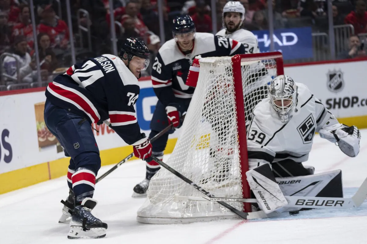 Los Angeles Kings goaltender Cam Talbot (39) blocks a shot by Washington Capitals center Connor McMichael (24) during the first period of an NHL hockey game in Washington on Jan. 7, 2024. (Manuel Balce Ceneta/AP Photo)